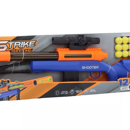 Didelis mėlynas šautuvas su šoviniais ir stovu