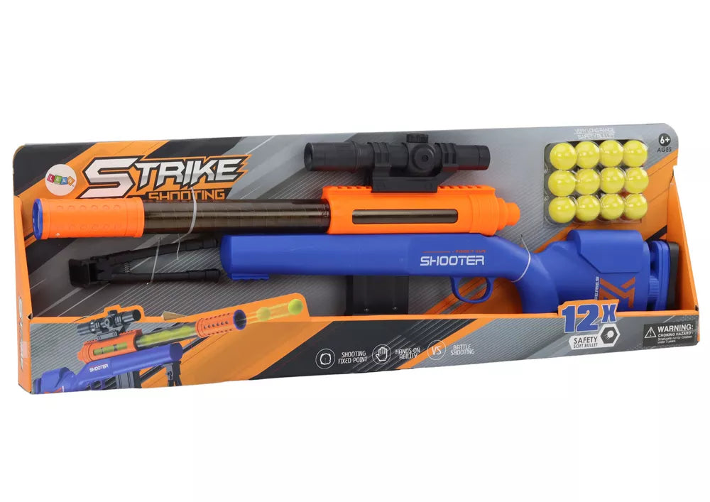 Didelis mėlynas šautuvas su šoviniais ir stovu