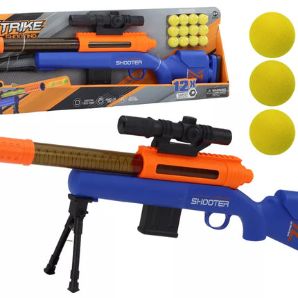 Didelis mėlynas šautuvas su šoviniais ir stovu