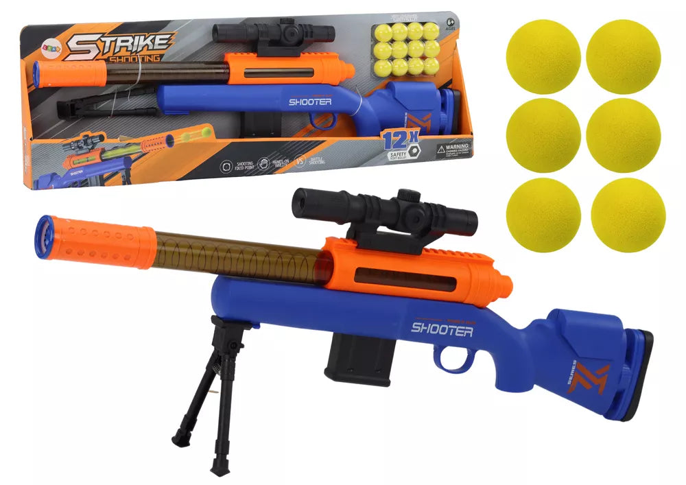 Didelis mėlynas šautuvas su šoviniais ir stovu