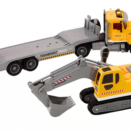 Geltonas sunkvežimis su vikšriniu ekskavatoriumi