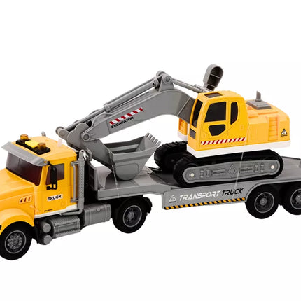 Geltonas sunkvežimis su vikšriniu ekskavatoriumi