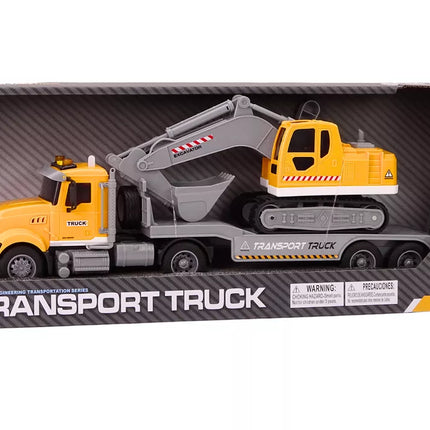 Geltonas sunkvežimis su vikšriniu ekskavatoriumi