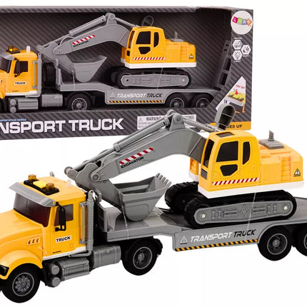 Geltonas sunkvežimis su vikšriniu ekskavatoriumi