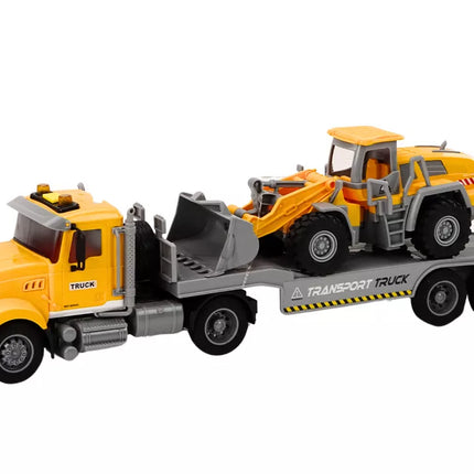 Geltonas sunkvežimis su ekskavatoriumi