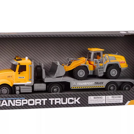 Geltonas sunkvežimis su ekskavatoriumi