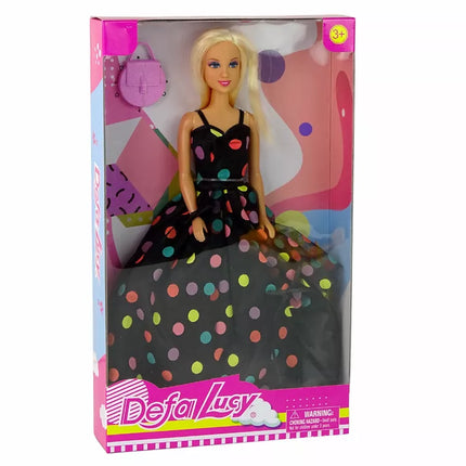 Vaikiška lėlė su juoda su baltais taškeliais suknele