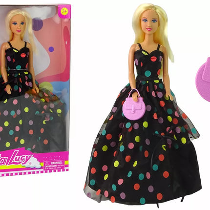 Vaikiška lėlė su juoda su baltais taškeliais suknele