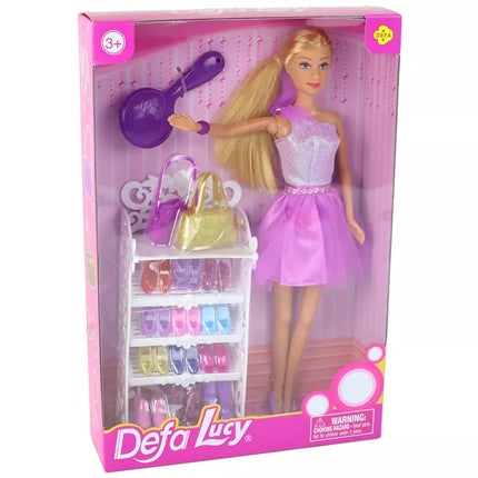 Lucy lėlė su violetine blizgia suknele ir batelų komplektu