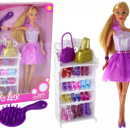 Lucy lėlė su violetine blizgia suknele ir batelų komplektu
