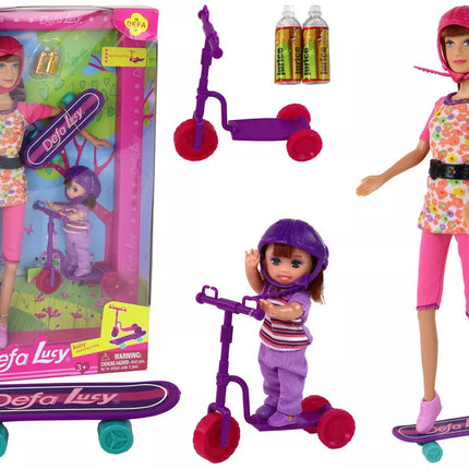 Liusės lėlių rinkinys: paspirtukas, riedlentė ir šalmai