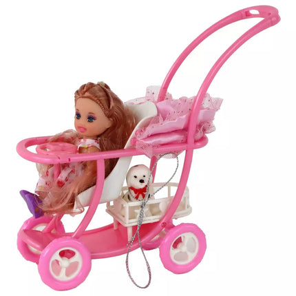 Nėščia lėlė Liusė su kūdikio vežimėliu ir šuniuku