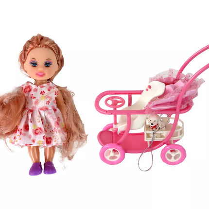 Nėščia lėlė Liusė su kūdikio vežimėliu ir šuniuku