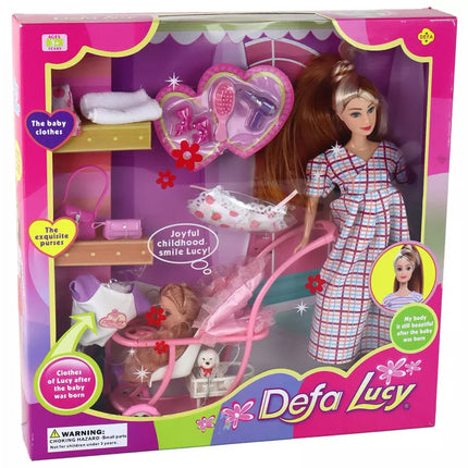 Nėščia lėlė Liusė su kūdikio vežimėliu ir šuniuku