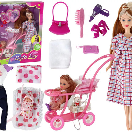 Nėščia lėlė Liusė su kūdikio vežimėliu ir šuniuku