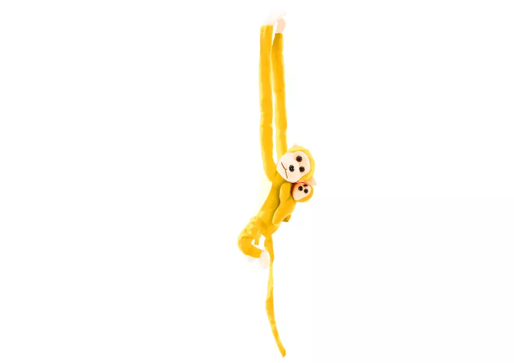 Pliušinė geltona beždžionė su kūdikiu