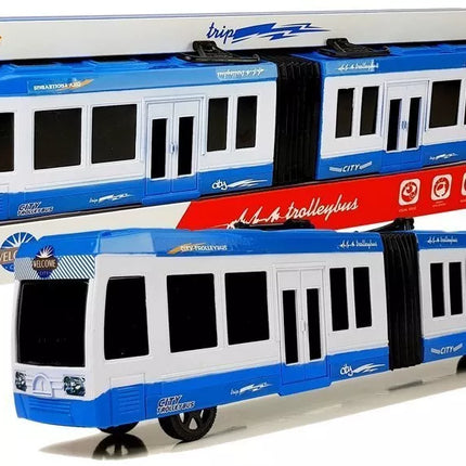 Mėlynas šarnyrinis autobusas su trinties pavara