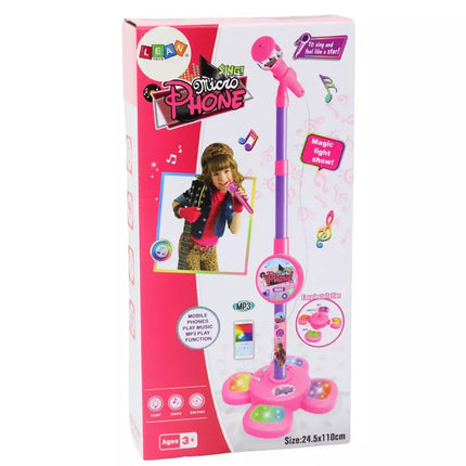 Rožinis mikrofonas vaikams su reguliuojamu stovu