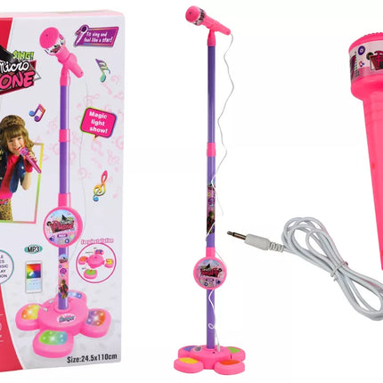 Rožinis mikrofonas vaikams su reguliuojamu stovu