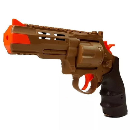 Rudas judanti dinozauras Tyrannosaurus su šautuvu