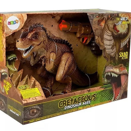 Rudas judanti dinozauras Tyrannosaurus su šautuvu