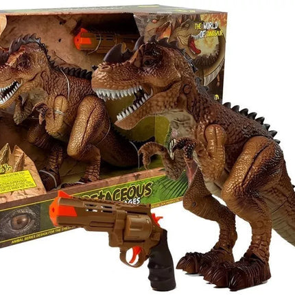 Rudas judanti dinozauras Tyrannosaurus su šautuvu