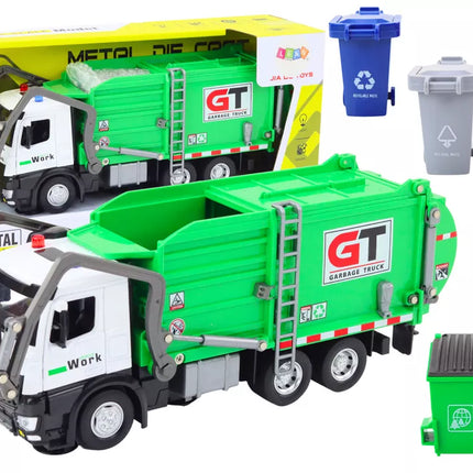 Žalias daugiafunkcinis šiukšliavežis su konteineriais