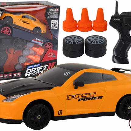 Nuotoliniu būdu valdomas sportinis automobilis R/C 1:24 geltonos spalvos keičiamais ratais Series