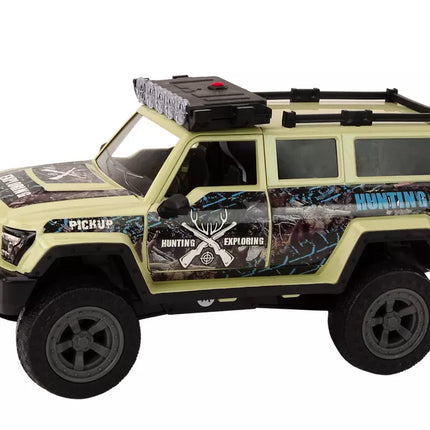 Rusvas medžioklės automobilis su medžiotojo figurėle