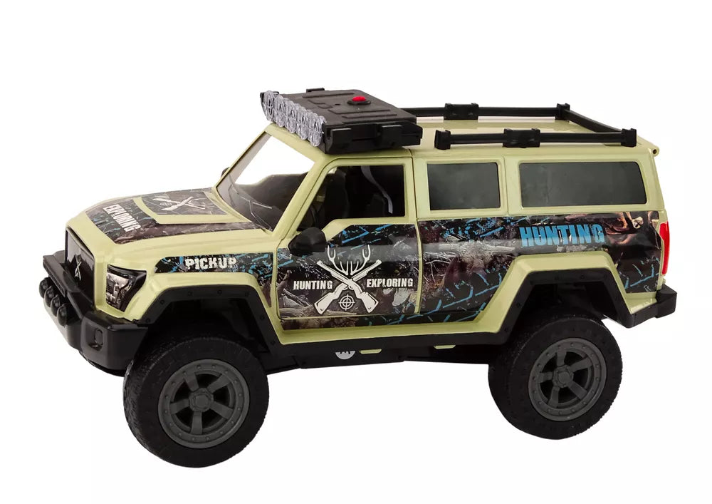 Rusvas medžioklės automobilis su medžiotojo figurėle