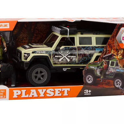 Rusvas medžioklės automobilis su medžiotojo figurėle