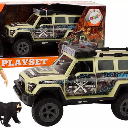 Rusvas medžioklės automobilis su medžiotojo figurėle