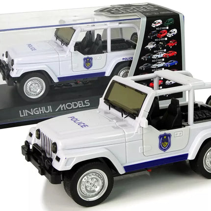 Baltos spalvos visureigis policijos automobilis