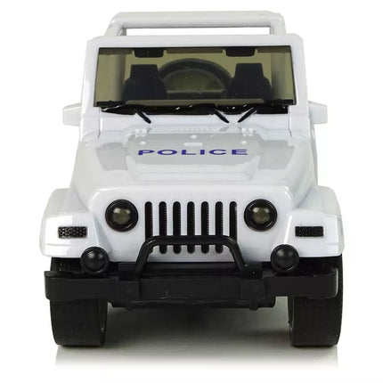 Baltos spalvos visureigis policijos automobilis