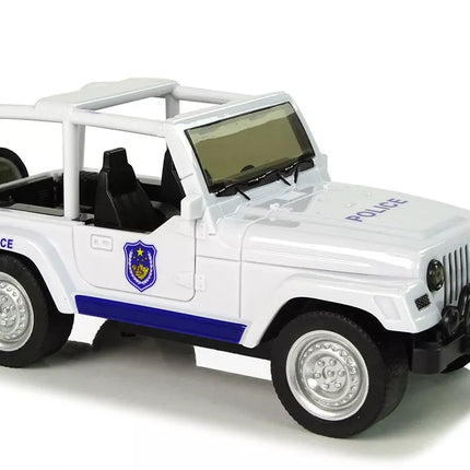 Baltos spalvos visureigis policijos automobilis