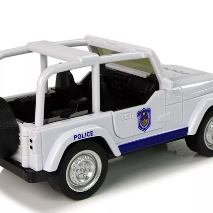 Baltos spalvos visureigis policijos automobilis