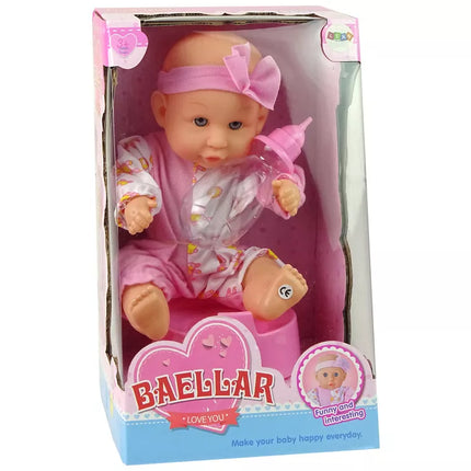 Rožinė kūdikio lėlė su puoduku 24 cm.