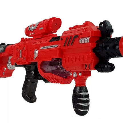 Raudonas šviečiantis tamsoje šautuvas su šoviniais