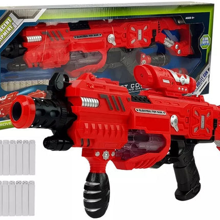 Raudonas šviečiantis tamsoje šautuvas su šoviniais