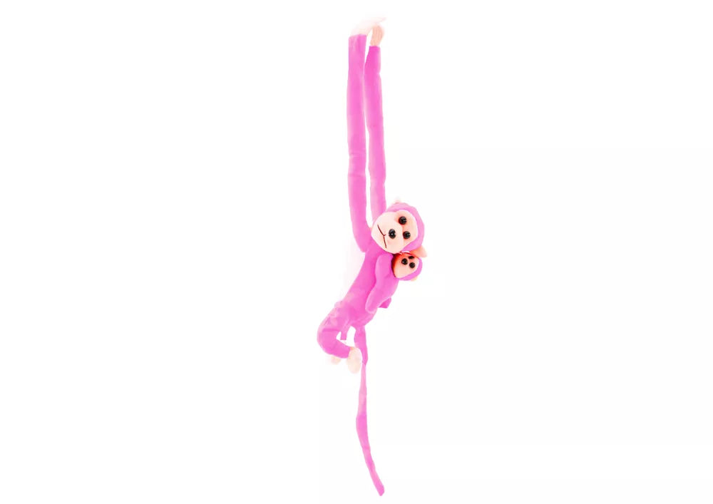 Pliušinė rožinė beždžionė su kūdikiu