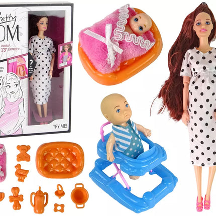 Nėščia lėlė taškuota balta suknele su mamos rinkiniu