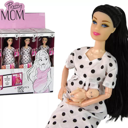 Nėščia lėlė balta suknele su kūdikiu