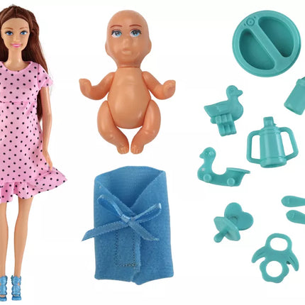 Nėščia mama lėlė su rožine suknele ir priedais.