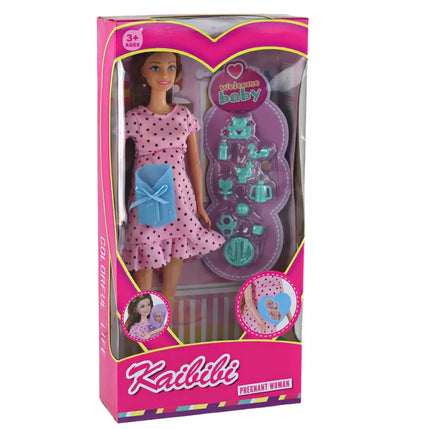 Nėščia mama lėlė su rožine suknele ir priedais.