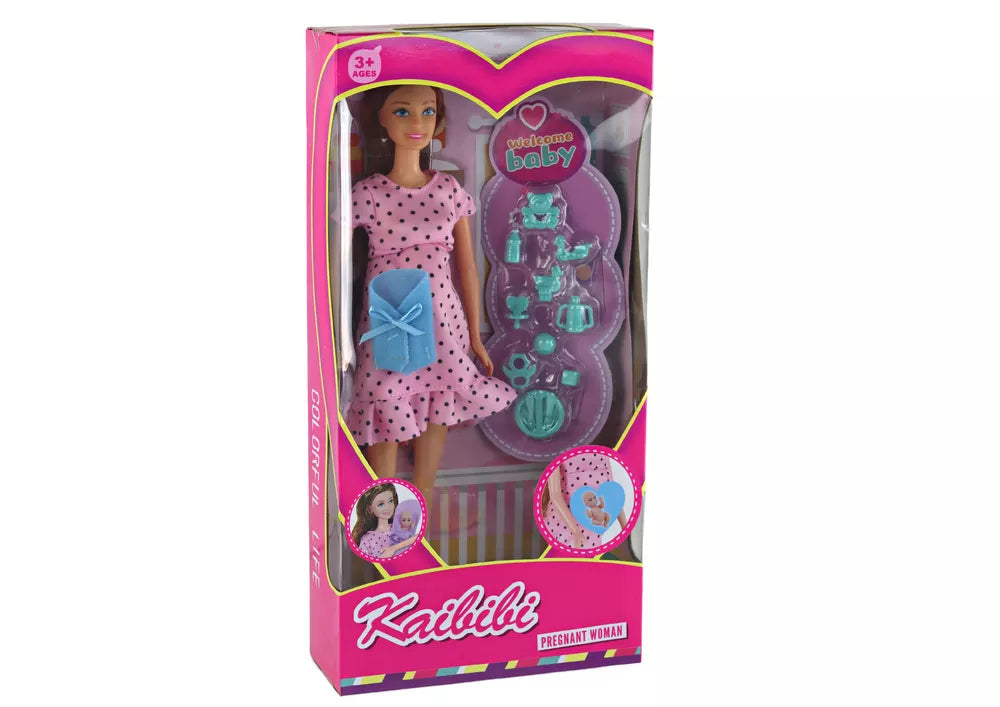 Nėščia mama lėlė su rožine suknele ir priedais.