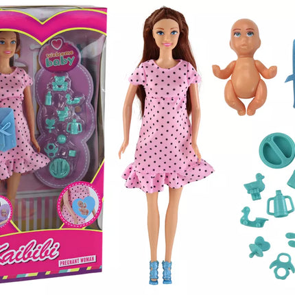 Nėščia mama lėlė su rožine suknele ir priedais.