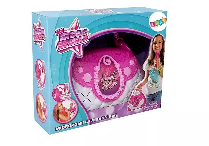 Nešiojamas rožinis karaokės rinkinys rankinėje su mikrofonu