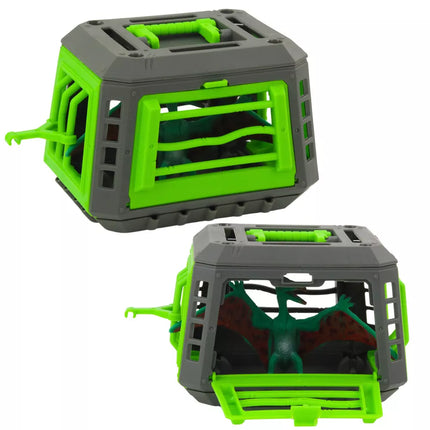 Keturračio komplektas su vairuotoju, dinozauru ir dinozauro narvu