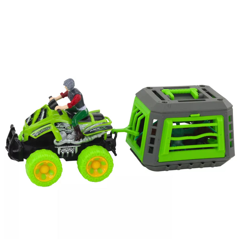 Keturračio komplektas su vairuotoju, dinozauru ir dinozauro narvu