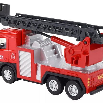 Raudonas gaisrinis sunkvežimis su ištraukiama kopėčių strėle